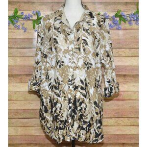 Style & Co. Women's Button Front Blouse Top Plus Size 18W Neutral Leaf Pattern